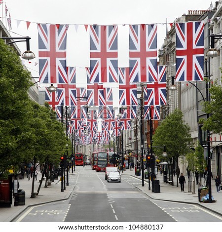 LONDON - MAY 5: Oxford Street in London, decorated with union jack flags to celebrate the Queen's diamond Jubilee on May 5, 2012 in London. The main celebrations held from June 2 to June 5