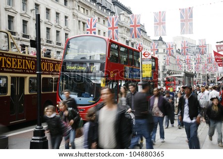 LONDON - JUNE 4: Oxford Street in London, decorated with union jack flags to celebrate the Queen\'s diamond Jubilee on June 4, 2012 in London. The main celebrations held from June 2 to June 5