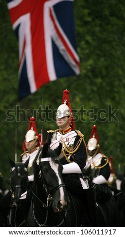 LONDON - JUNE 16: Household Cavalry at Queen\'s Birthday Parade on June 16, 2012 in London, England. Queen\'s Birthday Parade take place to Celebrate Queen\'s Official Birthday in every June in London.