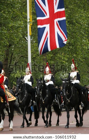 LONDON - JUNE 16: Household Cavalry at Queen's Birthday Parade on June 16, 2012 in London, England. Queen's Birthday Parade take place to Celebrate Queen's Official Birthday in every June in London.