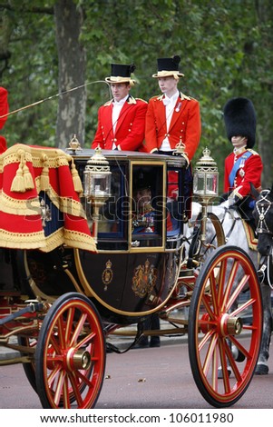 LONDON - JUNE 16: Prince Philip seat on the Royal Coach at Queen\'s Birthday Parade on June 16, 2012 in London, UK. Queen\'s Birthday Parade take place in every June in London.