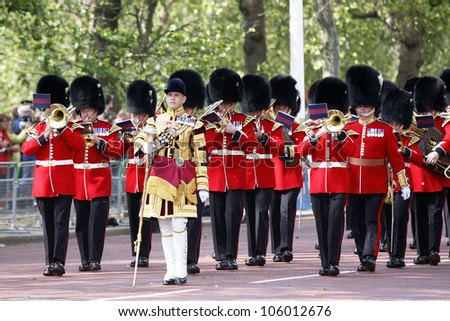 LONDON - JUNE 16, 2012: Queen\'s Bands at Queen\'s Birthday Parade. Queen\'s Birthday Parade take place to Celebrate Queen\'s Official Birthday in every June in London.