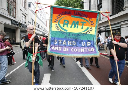 LONDON - JULY 7: People take part in London\'s Gay Pride, 2012 Worldpride on July 7, 2012 in London, UK, estimated 25,000 people took part in the march, Parade to support gay rights.