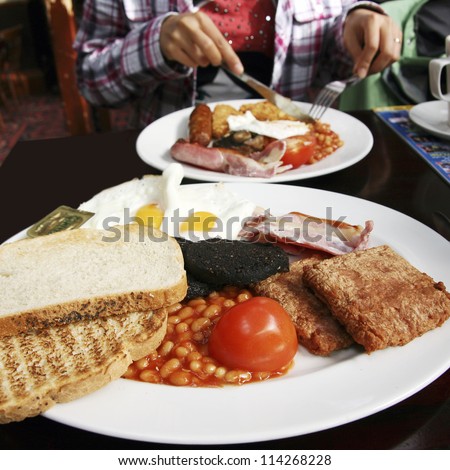 Closeup of Full Scottish Breakfast  on Table