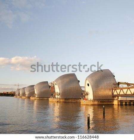 LONDON - OCT 6 : Thames Barrier, tidal protector, commissioned by the Greater London Council, was complete by 1982, the world\'s second largest movable flood barrier, on Oct 6, 2012 in London, UK.
