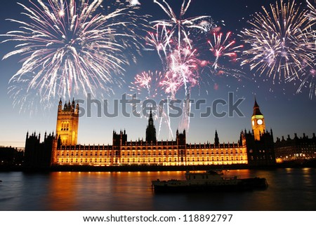Fireworks over Palace of Westminster seen from South Bank