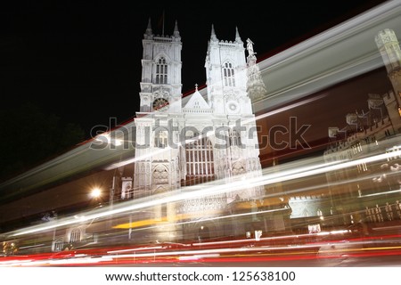 Westminster Abbey, The Great West Door and towers, seen from Tothill Street at night,