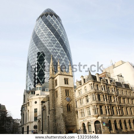 LONDON - MARCH 25: Outside view of 30 St Mary Axe, also called Gherkin, a skyscraper in the City of London, 180 metres height, 41 floors, completed in 2003, on March 25, 2012 in London, UK.