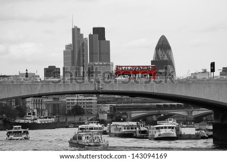 London skyline, include Waterloo Bridge, Red Double Decker Bus, seen from Victoria Embankment