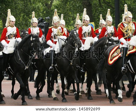 LONDON - JUNE 15: Household Cavalry at Queen\'s Birthday Parade on June 15, 2013 in London, England. Queen\'s Birthday Parade take place to Celebrate Queen\'s Official Birthday in every June in London