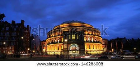 LONDON - JULY 14 : Night view of Royal Albert Hall during the BBC Proms, annual events, summer season daily classical music concerts in Royal Albert Hall for 8 weeks, on July 14, 2013, London, UK.