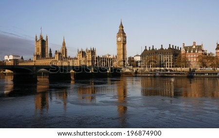London skyline, Westminster Palace, Big Ben, Victoria Tower and Central Tower, seen from South Bank