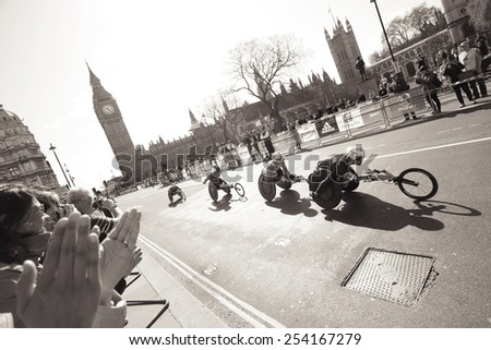 LONDON - APRIL 13: Wheelchair racing contestants in London Marathon. The London Marathon is next to New York, Berlin, Chicago and Boston to the World Marathon Majorson on April 13, 2012, London, UK.