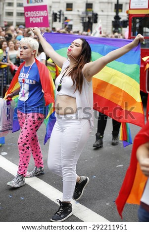 London - June 27, 2015: People take part in London\'s Gay Pride, 2015 Worldpride, estimated 25,000 people took part in the march, Parade to support gay rights.