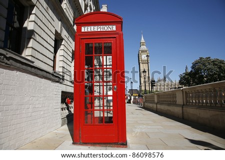 Red phone booth and Big Ben. Red phone booth is one of the most famous icons of London.