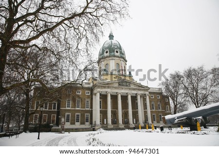 LONDON - FEB 4: Snow covered Imperial War Museum on February 4, 2012 in London, UK. The building, designed by James Lewis, was former Royal Hospital and became permanent location since 1936.