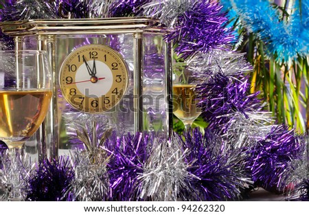 New Year\'s setting with wine, glass,  christmas decoration