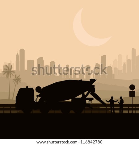 Concrete mixer truck in desert highway constructional site background landscape illustration vector