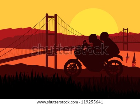 Motorbike riders motorcycle silhouette in wild mountain valley bridge landscape background illustration vector