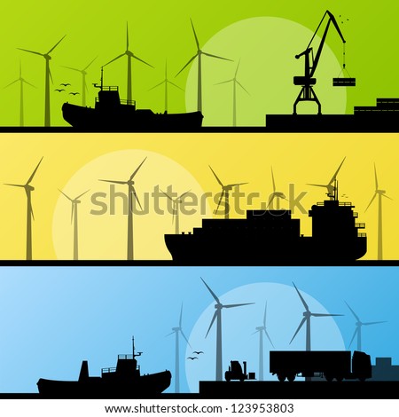 Wind electricity generators and windmills lin ocean and sea harbor landscape ecology illustration background vector