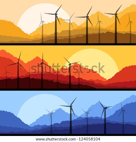 Wind electricity generators and windmills in mountain desert nature landscape ecology illustration background vector