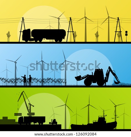 Wind electricity generators and windmills in countryside village and in ocean sea harbor landscape ecology illustration background vector