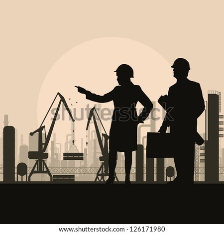 Engineer and construction site manager watching building process in industrial illustration background vector Engineer and construction site manager watching building process in industrial illustration background vector