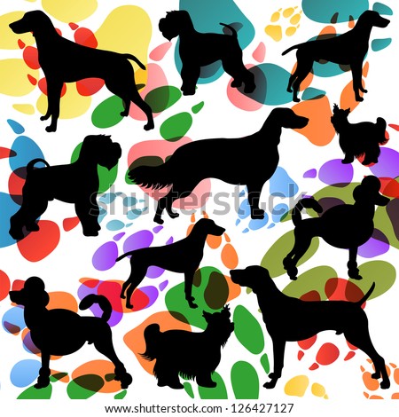 Dogs and dog footprints silhouettes colorful illustration collection background vector