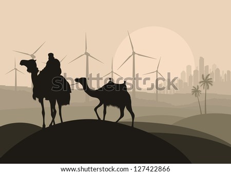 Wind electricity generators, windmills and camel caravan in arabic desert skyscraper city landscape ecology illustration background vector