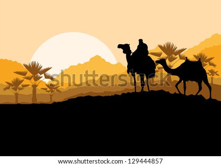 Camel Caravan In Wild Desert Mountain Nature Landscape Background Illustration Vector