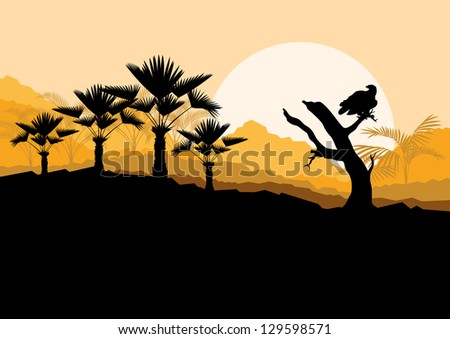 Desert wild nature landscape with cactus, palm tree plants and vulture bird in illustration background vector