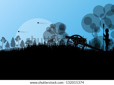 Old civil war battle field warfare soldier troops and artillery cannon guns detailed silhouettes illustration background vector