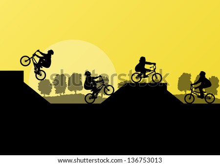 Extreme cyclist silhouettes on ramp vector background