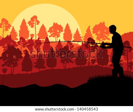 Fisherman at sunset vector background concept landscape