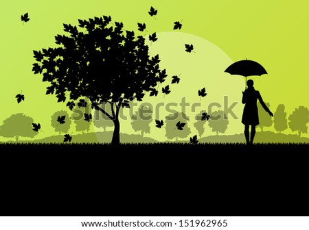 Maple tree autumn leaves and girl with umbrella background vector landscape concept