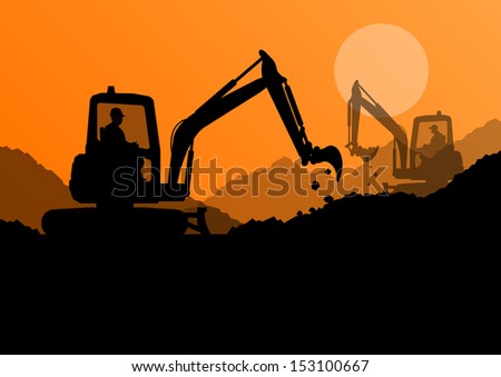 Excavator loaders and workers digging at construction site with raised bucket vector background Excavator loaders and workers digging at construction site with raised bucket vector background