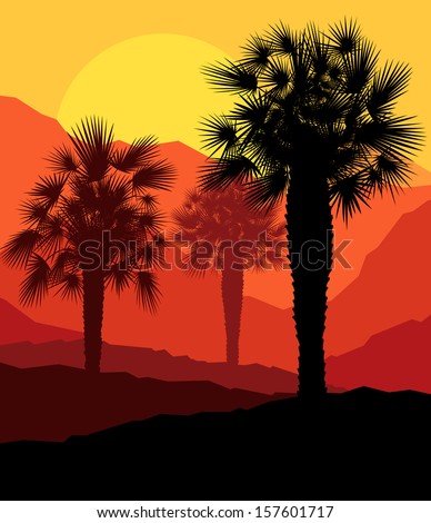 Palms and sun, tropical sunset vector background landscape