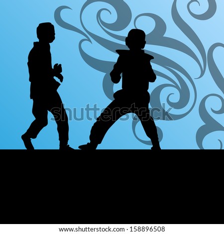 Active tae kwon do martial arts fighters combat fighting and kicking sport silhouettes illustration background vector