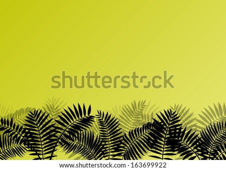 Exotic jungle forest plants, leafs and grass detailed silhouette landscape illustration background vector