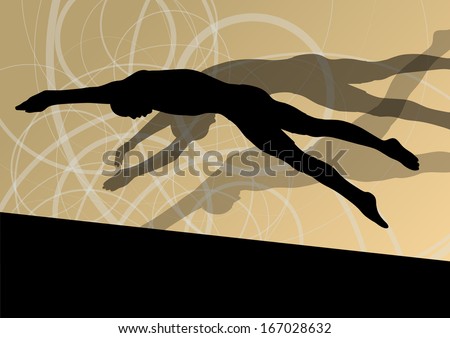 Active young swimmers diving and swimming in water sport pool silhouettes vector abstract background illustration