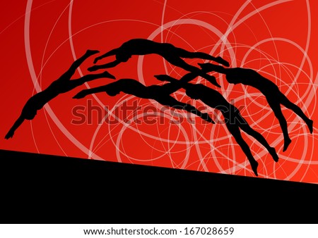 Active young swimmers diving and swimming in water sport pool silhouettes vector abstract background illustration