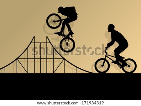 Extreme cyclists bicycle riders active children sport silhouettes vector background illustration