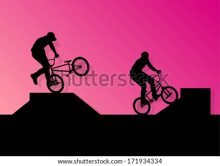 Extreme cyclists bicycle riders active children sport silhouettes vector background illustration