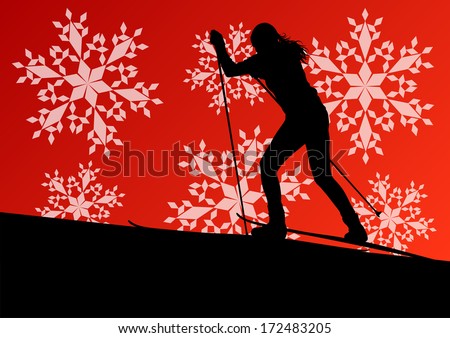 Active young woman girl skiing sport silhouette in winter ice and snowflake abstract background illustration vector