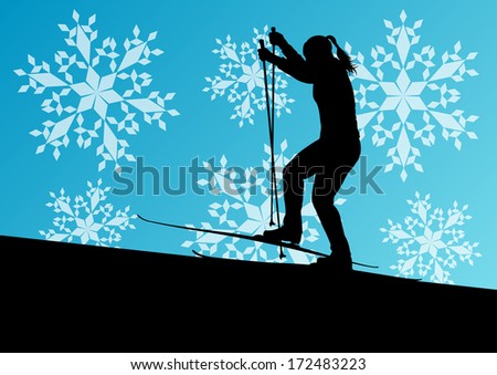 Active young woman girl skiing sport silhouette in winter ice and snowflake abstract background illustration vector
