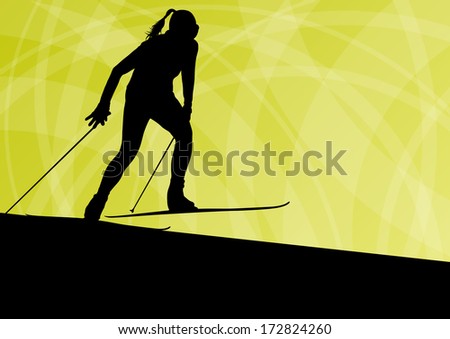 Active young woman girl skiing sport silhouette in winter ice and snow abstract background illustration vector