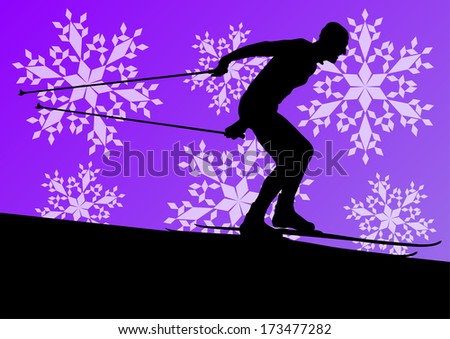Active young man skiing sport silhouette in winter ice and snowflake abstract background illustration vector