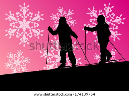 Active children young girls skiing sport silhouettes in winter ice and snowflake abstract background illustration vector