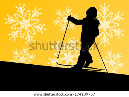 Active children young girl skiing sport silhouette in winter ice and snowflake abstract background illustration vector