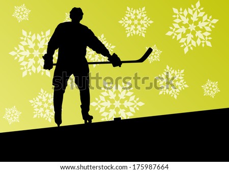 Active young man hockey player sport silhouette in winter ice and snowflake abstract background illustration vector